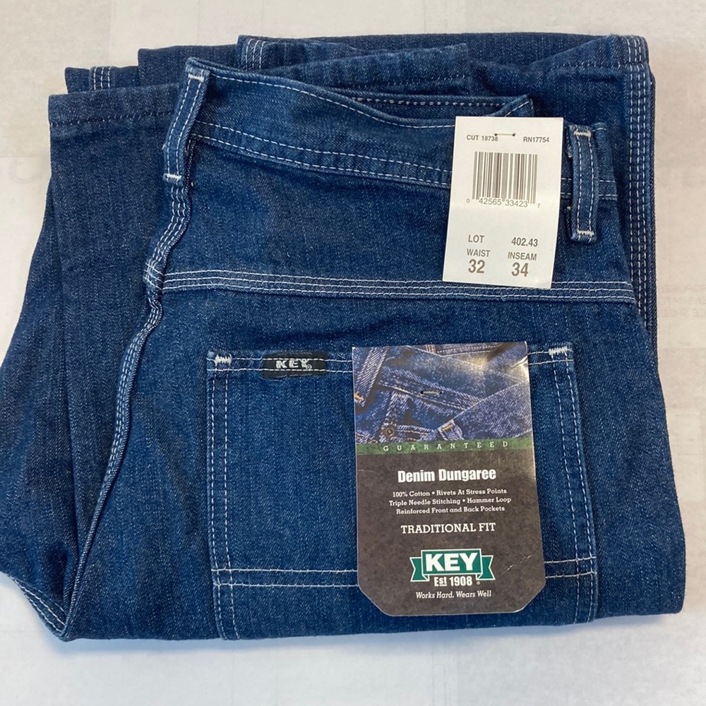 New with tags. Key Denim Dungaree jeans size 32x34.